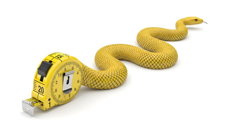 showing yellow measuring tape seamlessly transforming into a coiled yellow snake on a...
