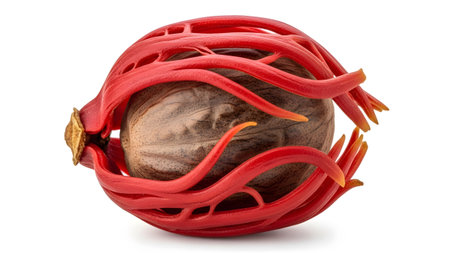 A whole nutmeg seed is intricately wrapped by its vibrant red mace aril, presented on a stark...