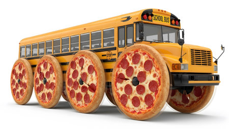 showing yellow school bus with pepperoni pizza wheels viewed from the front on a white...