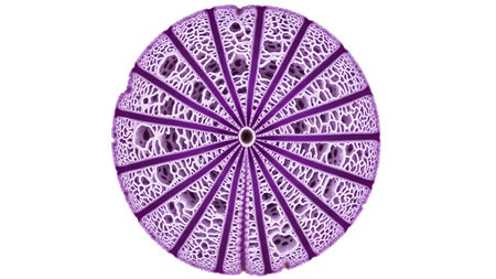 A vibrant purple sea urchin skeleton viewed from above, exhibiting striking radial symmetry and...