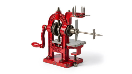 A vintage red manual apple peeler corer slicer with a crank and clamp base sits on a white...