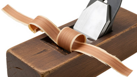 Upward showing wooden hand plane with thin wood shavings curling upward on white background....