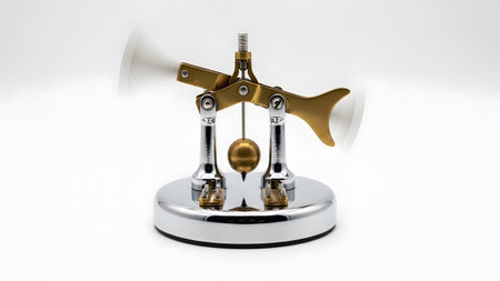 showing stirling engine model with brass and chrome components in motion on white...の写真素材