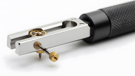 showing watchmaker tool holding tiny watch gear with brass screw and black handle.