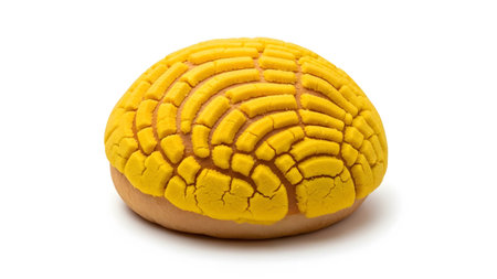 A single yellow concha sweet bread pastry sits on a white background with its distinctive shell...