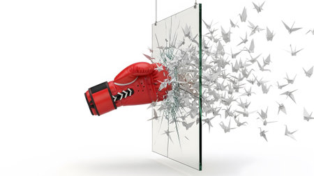A boxing glove penetrates a glass panel, releasing a flock of origami cranes.