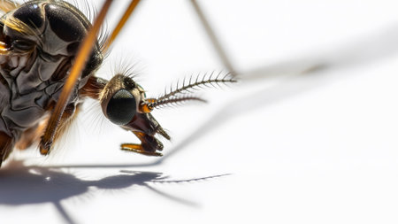 Extreme close-up macro of an insect's head showing detailed compound eyes and feathery antennae...
