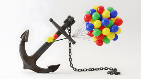 showing rusty anchor attached to a chain being lifted by a cluster of colorful balloons on...の写真素材