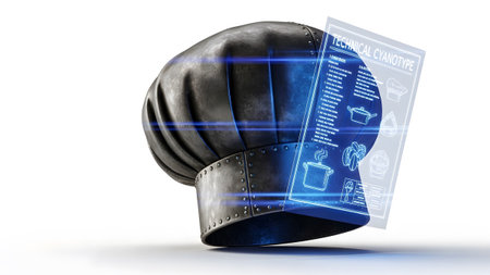 With showing chef hat with holographic recipe display and blue light streaks. resolution...