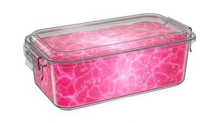 A clear plastic food container holds a bright pink liquid with glowing energy and numerous small...