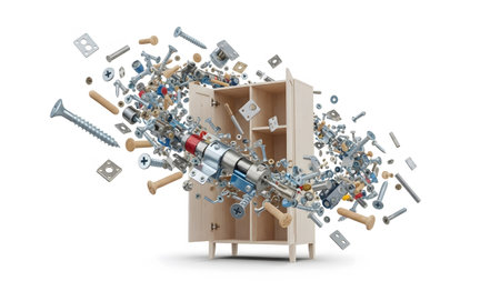 showing explosion of furniture assembly hardware and components around a wooden cabinet on...