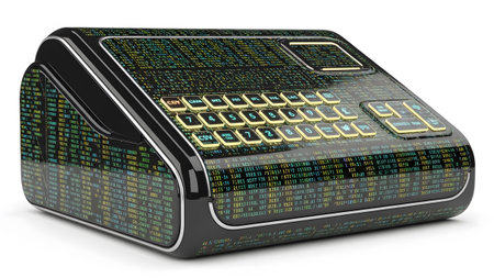 (672) showing futuristic calculator or pos terminal with glowing buttons and digital code...