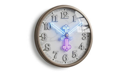 (975) showing modern wall clock with marble face, raised numbers, and neon blue hands.