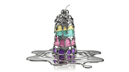 A tower of colorful ice cream scoops partially submerged in a pool of melting silver liquid on a...の写真素材