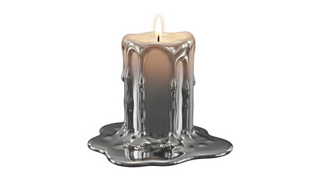 Flame showing melting silver candle with dripping wax and a lit flame on a white background....の写真素材
