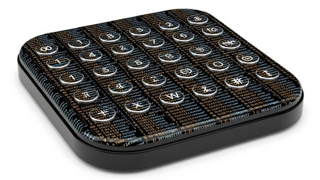 With showing square black device with a textured surface displaying rows of circular buttons...