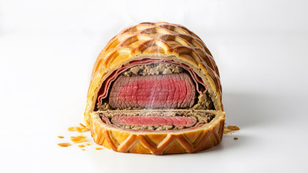 Crust showing beef wellington cut in half showing medium-rare steak and pastry crust on white...の写真素材