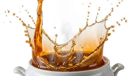 A dynamic splash of amber liquid erupts from a white ceramic tureen, with steam rising and...の写真素材