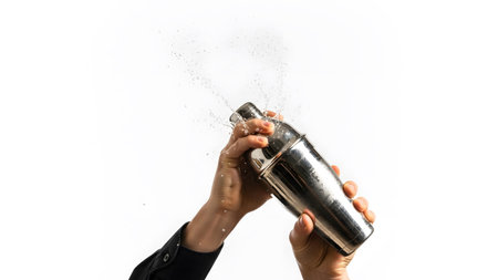(3673) showing bartender hands in a black shirt shaking a silver cocktail shaker with a small...