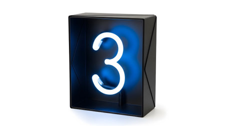 Vibrant showing black cube frame with bright blue neon number 3 glowing inside number...