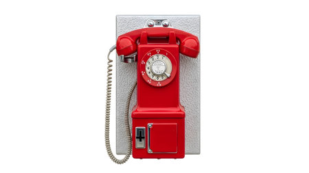 A bright red vintage payphone with a rotary dial and coiled cord is displayed on a textured...