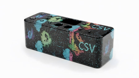 Stock showing black electronic device with colorful pixelated and text on a white...