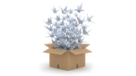Stock showing cardboard box overflowing with numerous white origami paper cranes on a white...