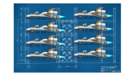 Blueprint showing blueprint of multiple futuristic silver and gold hovercrafts with blue exhaust...