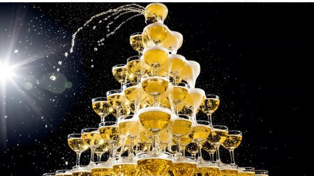 Tower showing champagne tower with cascading bubbly liquid and a bright light source on a dark...