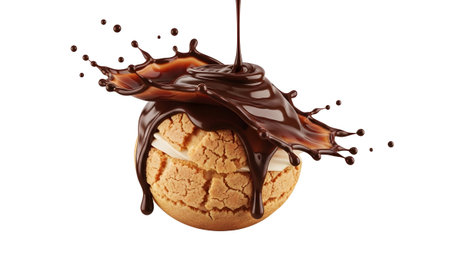 Filling showing cream puff with cream filling and dark chocolate sauce splash on white.