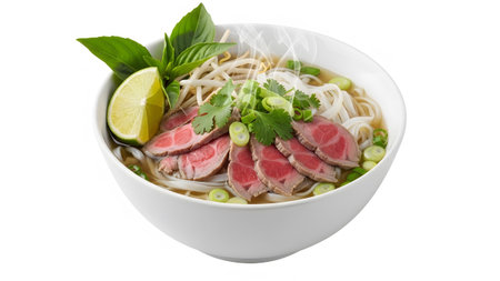 A detailed view of a pho bowl with tender beef slices, rice noodles, vibrant green herbs, and a...