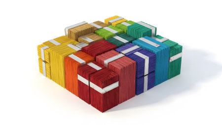 Arranged showing colorful stacked blocks with metallic silver bands arranged in a grid pattern....