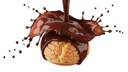 Cream puff with chocolate sauce pouring over and splashing on white.