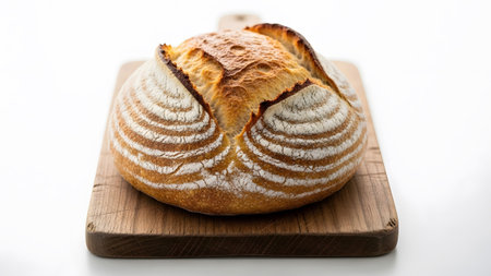 Stock showing crusty sourdough bread with golden brown and white flour on wooden board.