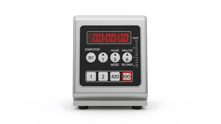 Stock showing digital kitchen timer with red led display and black buttons on white background....
