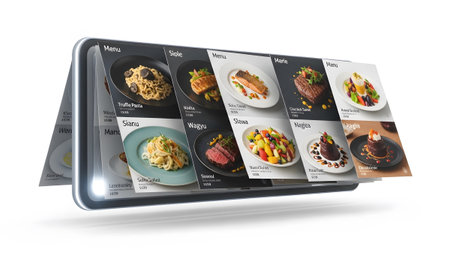 Showing digital restaurant menu display showing various gourmet food dishes and prices....