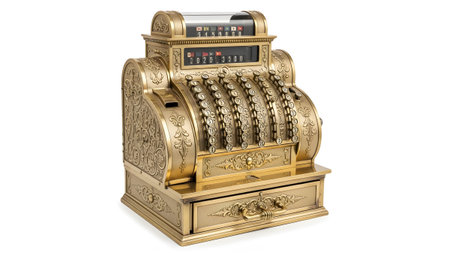 Antique showing detailed antique brass cash register with multiple levers and a digital display...