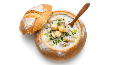 A bowl of creamy clam chowder is presented inside a hollowed bread loaf, garnished with croutons...