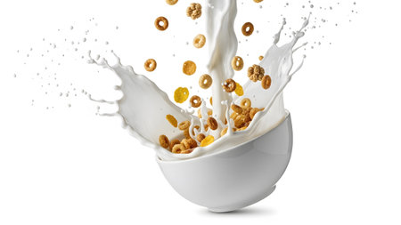 Golden brown cereal pieces and white milk splash dynamically from a white bowl in droplets.