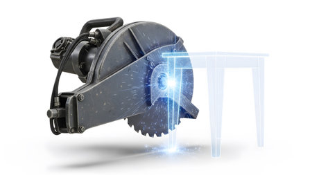 Sparks showing industrial circular saw cutting a glowing blue wireframe table with sparks on...