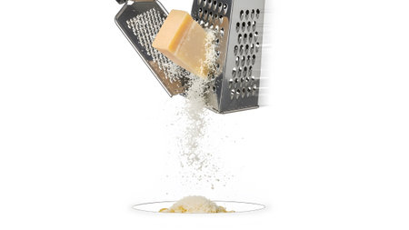(3539) showing grating hard cheese over pasta dish with grater and cheese block. resolution...