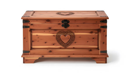 Stock showing front view of a wooden cedar chest with carved heart motifs and metal hardware....