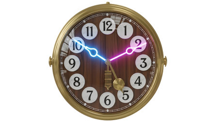 A gold framed wall clock with a wooden face white numbers and has glowing neon blue and pink...