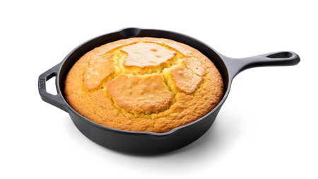 Cooking showing golden brown cornbread baked in a black cast iron skillet on a white background...