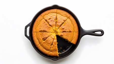 Black showing golden cornbread baked in a black cast iron skillet with slices on white.