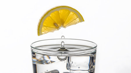Glass showing lemon slice with dripping water over ice cubes in a glass. resolution