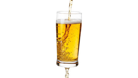 Stock showing golden beer pouring into tall glass with frothy head and bubbles isolated on...の写真素材