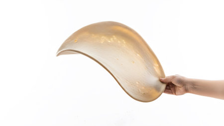 A hand holds a thin, translucent golden dough sheet with visible air bubbles and light...