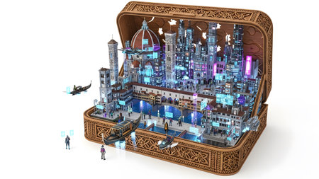 Cityscape showing miniature futuristic cityscape inside an ornate wooden box with gondolas.