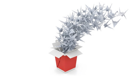Takeout showing origami paper cranes flying out of a red takeout food container on a white...